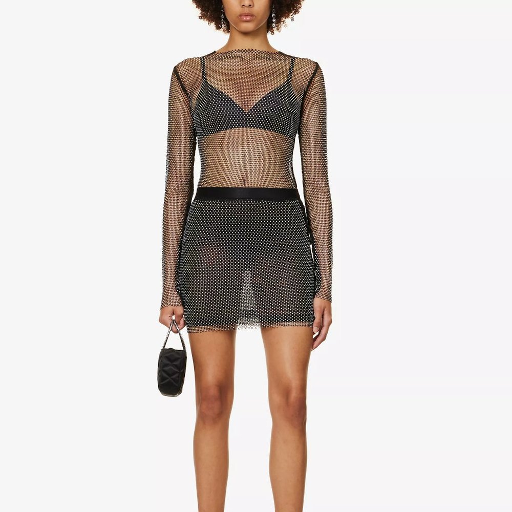 Amy Lynn rhinestone embellished skirt and top set co-ord fishnet